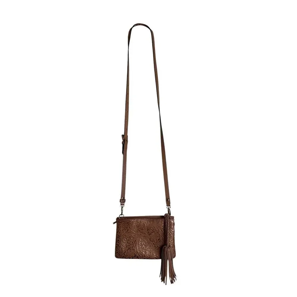 Tommy Bahama Bronze Metallic Tooled Leather Crossbody Wallet Bag